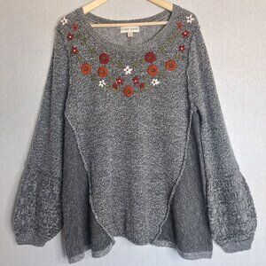 💙 Knox Rose Oversized Floral Embroidered Sweater Size XL Cozy Warm Cottage Boho